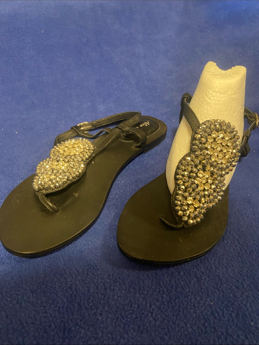 Black Jeweled T-Strap Women's Sandals